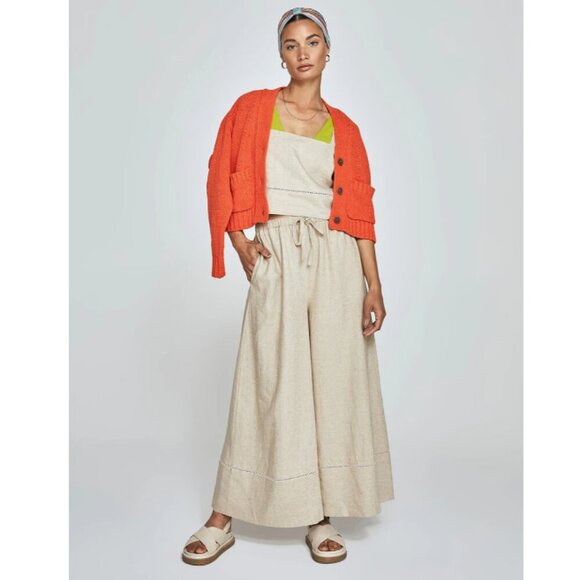 Carbon38 Tan Linen Blend Extra Wide Leg Drawstring Minimalist Pants Size M $158 - Picture 1 of 11